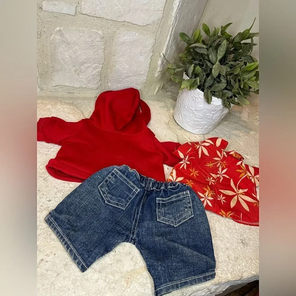 Build A Bear Alvin red hoodie/tee/denim shorts